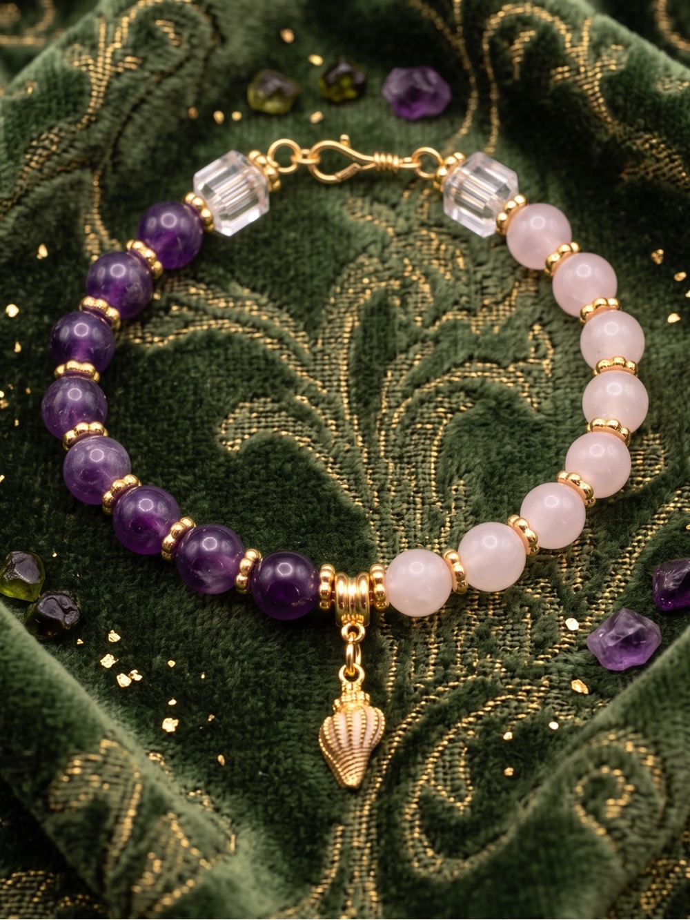 Handmade Gold-Accent Amethyst & Rose Quartz Bracelet